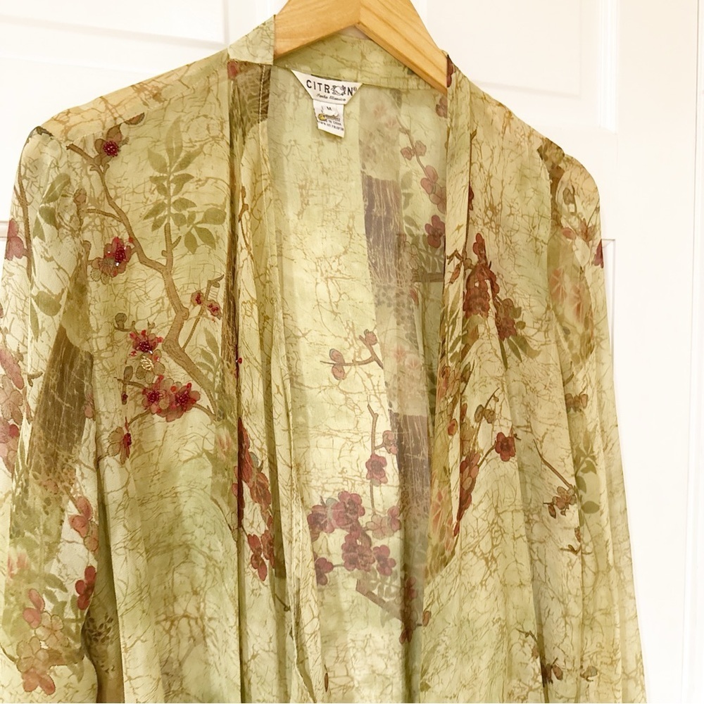 Citron Santa Monica Green Silk Duster Kimono M - Picture 3 of 10